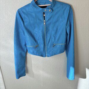 7 For All Mankind Blue Faux Leather Cropped Moto Jacket S Small